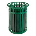 Lancaster Table & Seating 36 Gallon Heavy-Duty Round Black Steel Slatted Outdoor Trash Can with Flat Lid
