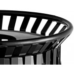 Lancaster Table & Seating 36 Gallon Heavy-Duty Round Black Steel Slatted Outdoor Trash Can with Flat Lid