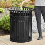 Lancaster Table & Seating 36 Gallon Heavy-Duty Round Black Steel Slatted Outdoor Trash Can with Flat Lid