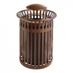 Lancaster Table & Seating 36 Gallon Heavy-Duty Round Black Steel Slatted Outdoor Trash Can with Flat Lid