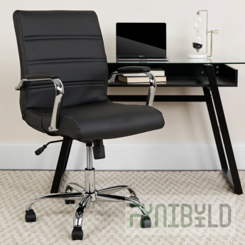 Flash Furniture GO-2286M-BK-GG Mid-Back Black Leather Swivel Office Chair with Chrome Base and Arms