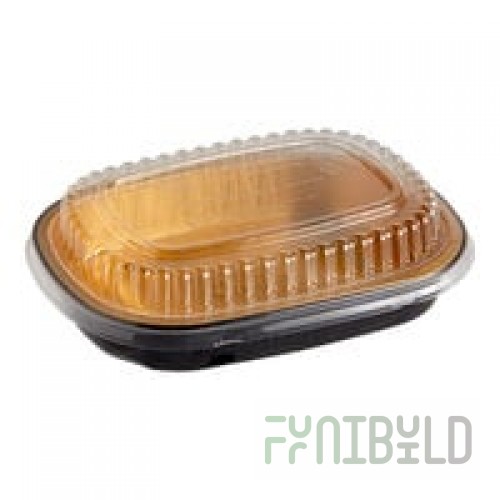 Choice Heavy Duty Smoothwall Black and Gold Small Oblong Foil Take-Out Pan with Dome Lid 23.3 oz. - 100/Case