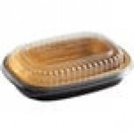 Choice Heavy Duty Smoothwall Black and Gold Small Oblong Foil Take-Out Pan with Dome Lid 23.3 oz. - 100/Case Choice Heavy Duty Smoothwall Black and Gold Small Oblong Foil Take-Out Pan with Dome Lid 23.3 oz. - 100/Case