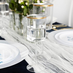 Posh Setting 9 oz. Clear Plastic Wine Goblet with Gold Rim - 60/Case