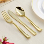 Visions Classic 3-Piece Extra Heavy Weight Gold Plastic Cutlery Set - 25/Pack Visions Classic 3-Piece Extra Heavy Weight Gold Plastic Cutlery Set - 25/Pack