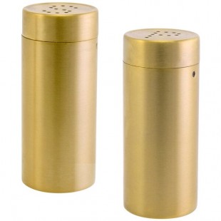 Front of the House 2.5 oz. Matte Brass Brushed Stainless Steel Round Salt and Pepper Shaker Set - 6/Case