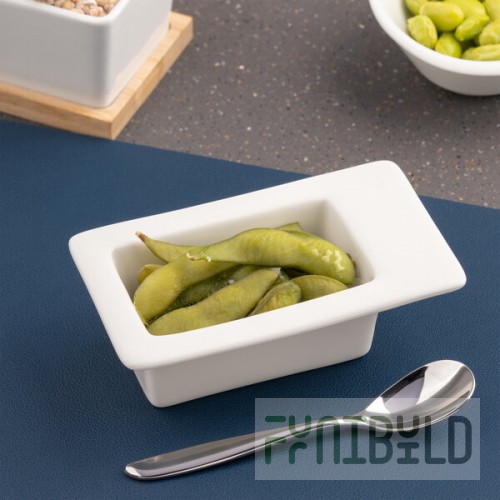 Ariane Miniature 2.71 oz. Ivory Rectangular Porcelain Deep Bowl with Offset Wide Rim - 18/Case