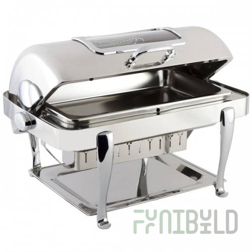 Bon Chef 19041CH Elite Rectangle 8 Qt. Dripless Stainless Steel with Chrome Accents Roll Top Chafer with Glass Window