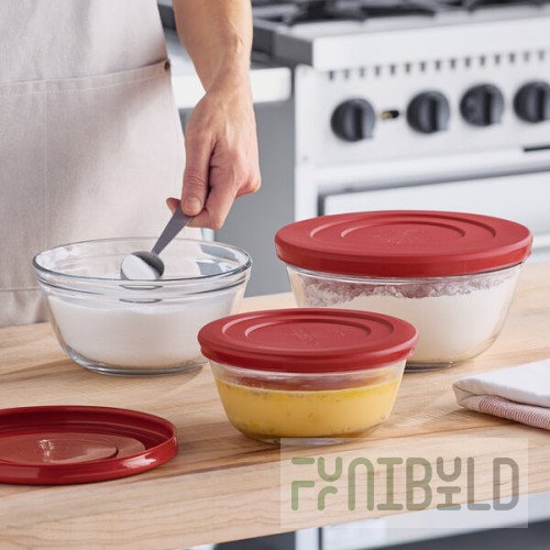 Anchor Hocking Glass Mixing Bowl Set with Red Plastic Lids 92224L20 - 3/Set