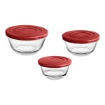 Anchor Hocking Glass Mixing Bowl Set with Red Plastic Lids 92224L20 - 3/Set