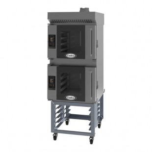 Cadco Bakerlux Station BLS-4HTR-2H Double Stacked 4-Shelf Half Size Heavy-Duty Digital Countertop Convection Ovens with Right Side Doors, Touch Control Panels, Ventless Hood, and Stand - 208-240V Cadco Bakerlux Station BLS-4HTR-2H Double Stacked 4-Shelf Half Size Heavy-Duty Digital Countertop Convection Ovens with Right Side Doors, Touch Control Panels, Ventless Hood, and Stand - 208-240V