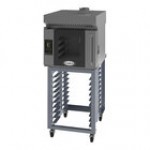 Cadco Bakerlux Station BLS-4HTR-2H Double Stacked 4-Shelf Half Size Heavy-Duty Digital Countertop Convection Ovens with Right Side Doors, Touch Control Panels, Ventless Hood, and Stand - 208-240V Cadco Bakerlux Station BLS-4HTR-2H Double Stacked 4-Shelf Half Size Heavy-Duty Digital Countertop Convection Ovens with Right Side Doors, Touch Control Panels, Ventless Hood, and Stand - 208-240V