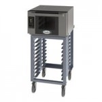 Cadco Bakerlux Station BLS-4HTR-2H Double Stacked 4-Shelf Half Size Heavy-Duty Digital Countertop Convection Ovens with Right Side Doors, Touch Control Panels, Ventless Hood, and Stand - 208-240V Cadco Bakerlux Station BLS-4HTR-2H Double Stacked 4-Shelf Half Size Heavy-Duty Digital Countertop Convection Ovens with Right Side Doors, Touch Control Panels, Ventless Hood, and Stand - 208-240V