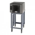 Cadco Bakerlux Station BLS-4HTR-2H Double Stacked 4-Shelf Half Size Heavy-Duty Digital Countertop Convection Ovens with Right Side Doors, Touch Control Panels, Ventless Hood, and Stand - 208-240V Cadco Bakerlux Station BLS-4HTR-2H Double Stacked 4-Shelf Half Size Heavy-Duty Digital Countertop Convection Ovens with Right Side Doors, Touch Control Panels, Ventless Hood, and Stand - 208-240V