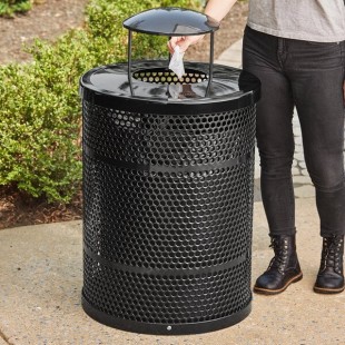 Lancaster Table & Seating 32 Gallon Heavy-Duty Round Black Steel Perforated Outdoor Trash Can with Rain Bonnet Lid Lancaster Table & Seating 32 Gallon Heavy-Duty Round Black Steel Perforated Outdoor Trash Can with Rain Bonnet Lid
