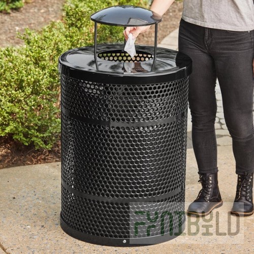Lancaster Table & Seating 32 Gallon Heavy-Duty Round Black Steel Perforated Outdoor Trash Can with Rain Bonnet Lid