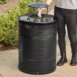 Lancaster Table & Seating 32 Gallon Heavy-Duty Round Black Steel Perforated Outdoor Trash Can with Rain Bonnet Lid