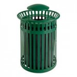 Lancaster Table & Seating 32 Gallon Heavy-Duty Round Black Steel Perforated Outdoor Trash Can with Rain Bonnet Lid