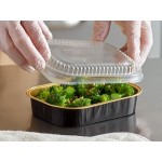 Choice Heavy Duty Smoothwall Black and Gold Mini Oblong Foil Take-Out Pan with Dome Lid 16 oz. - 100/Case Choice Heavy Duty Smoothwall Black and Gold Mini Oblong Foil Take-Out Pan with Dome Lid 16 oz. - 100/Case