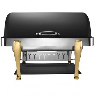 Bon Chef 19040-NERO Elite Rectangle 8 Qt. Dripless Nero Finish with Brass Accents Roll Top Chafer with Roman Legs Bon Chef 19040-NERO Elite Rectangle 8 Qt. Dripless Nero Finish with Brass Accents Roll Top Chafer with Roman Legs