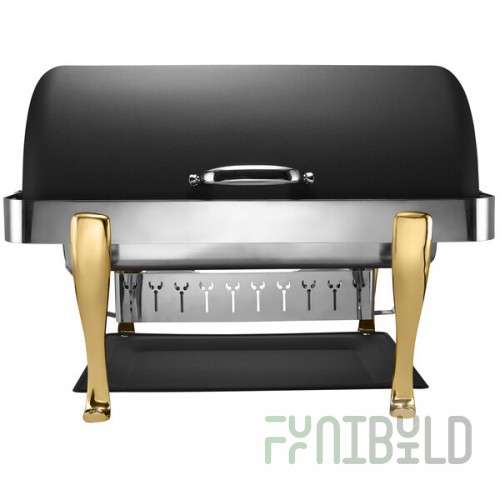 Bon Chef 19040-NERO Elite Rectangle 8 Qt. Dripless Nero Finish with Brass Accents Roll Top Chafer with Roman Legs
