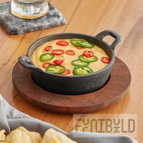 Valor 12 oz. Pre-Seasoned Mini Cast Iron Round Serving Bowl with Rustic Chestnut Finish Rubberwood Underliner