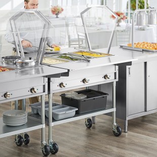 ServIt Three Pan Open Well Electric Steam Table with 2-Sided Sneeze Guard, (2) Drop Down Tray Slides, and Casters - 120V, 1500W ServIt Three Pan Open Well Electric Steam Table with 2-Sided Sneeze Guard, (2) Drop Down Tray Slides, and Casters - 120V, 1500W