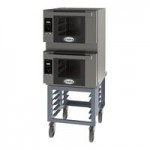 Cadco Bakerlux Station BLS-4HTR-2 Double Stacked 4-Shelf Half Size Heavy-Duty Digital Countertop Convection Ovens with Right Side Doors, Touch Control Panels, and Stand - 208-240V Cadco Bakerlux Station BLS-4HTR-2 Double Stacked 4-Shelf Half Size Heavy-Duty Digital Countertop Convection Ovens with Right Side Doors, Touch Control Panels, and Stand - 208-240V