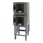 Cadco Bakerlux Station BLS-4HTR-2 Double Stacked 4-Shelf Half Size Heavy-Duty Digital Countertop Convection Ovens with Right Side Doors, Touch Control Panels, and Stand - 208-240V Cadco Bakerlux Station BLS-4HTR-2 Double Stacked 4-Shelf Half Size Heavy-Duty Digital Countertop Convection Ovens with Right Side Doors, Touch Control Panels, and Stand - 208-240V