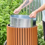 Lancaster Table & Seating 17 Gallon Steel / Wood Composite Round Decorative Outdoor Trash Can with Open Lid
