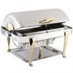 Bon Chef 19040G Elite Rectangle 8 Qt. Dripless Stainless Steel with Gold Accents Roll Top Chafer with Roman Legs Bon Chef 19040G Elite Rectangle 8 Qt. Dripless Stainless Steel with Gold Accents Roll Top Chafer with Roman Legs