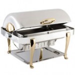 Bon Chef 19040G Elite Rectangle 8 Qt. Dripless Stainless Steel with Gold Accents Roll Top Chafer with Roman Legs Bon Chef 19040G Elite Rectangle 8 Qt. Dripless Stainless Steel with Gold Accents Roll Top Chafer with Roman Legs