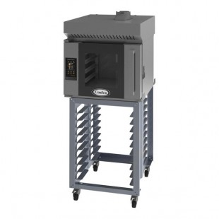 Cadco Bakerlux Station BLS-4HTR-1H 4-Shelf Half Size Heavy-Duty Digital Countertop Convection Oven with Right Side Door, Touch Control Panel, Ventless Hood, and Stand - 208-240V Cadco Bakerlux Station BLS-4HTR-1H 4-Shelf Half Size Heavy-Duty Digital Countertop Convection Oven with Right Side Door, Touch Control Panel, Ventless Hood, and Stand - 208-240V