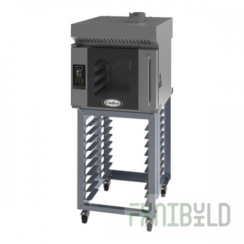 Cadco Bakerlux Station BLS-4HTR-1H 4-Shelf Half Size Heavy-Duty Digital Countertop Convection Oven with Right Side Door, Touch Control Panel, Ventless Hood, and Stand - 208-240V