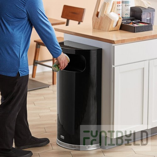 Rubbermaid® FGSO820PLBK 9 Gallon European Black with Chrome Accents Half Round Steel Trash Can with Rigid Plastic Liner