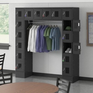 Regency Space Solutions Black 6 Tier Locker with 16 Compartments and Garment Rack Regency Space Solutions Black 6 Tier Locker with 16 Compartments and Garment Rack