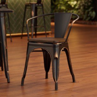 Lancaster Table & Seating Alloy Distressed Copper Indoor Arm Chair with Walnut Wood Seat Lancaster Table & Seating Alloy Distressed Copper Indoor Arm Chair with Walnut Wood Seat