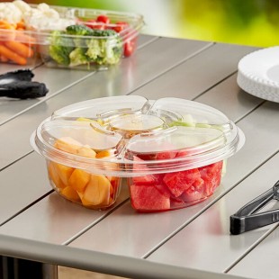 Inline Plastics Essentials 65 oz. Clear PET Plastic 5-Compartment Round Platter with Lid - 100/Case