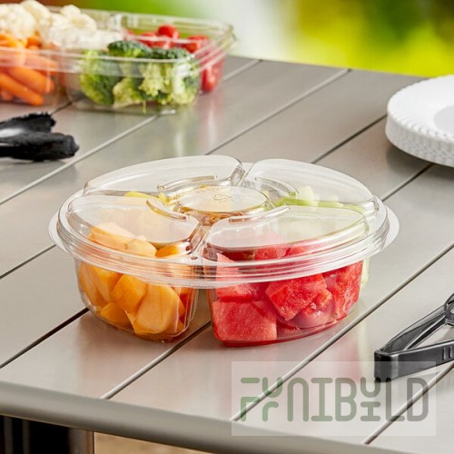 Inline Plastics Essentials 65 oz. Clear PET Plastic 5-Compartment Round Platter with Lid - 100/Case