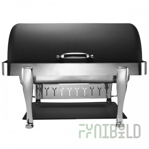 Bon Chef 19040CH-NERO Elite Rectangle 8 Qt. Dripless Nero Finish with Chrome Accents Roll Top Chafer with Roman Legs