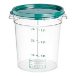 Vigor 4 Qt. Clear Round Polycarbonate Food Storage Container and Green Lid - 12/Pack Vigor 4 Qt. Clear Round Polycarbonate Food Storage Container and Green Lid - 12/Pack