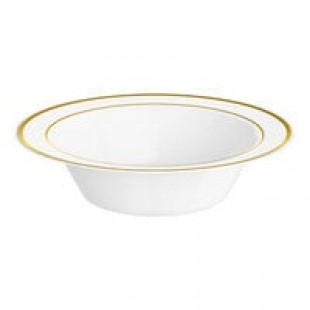 Visions 12 oz. White Plastic Bowl with Rose Gold / Copper Bands - 150/Case