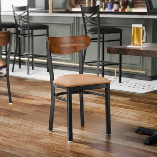 Lancaster Table & Seating Boomerang Black Finish Chair with Light Brown Vinyl Seat and Vintage Wood Back Lancaster Table & Seating Boomerang Black Finish Chair with Light Brown Vinyl Seat and Vintage Wood Back