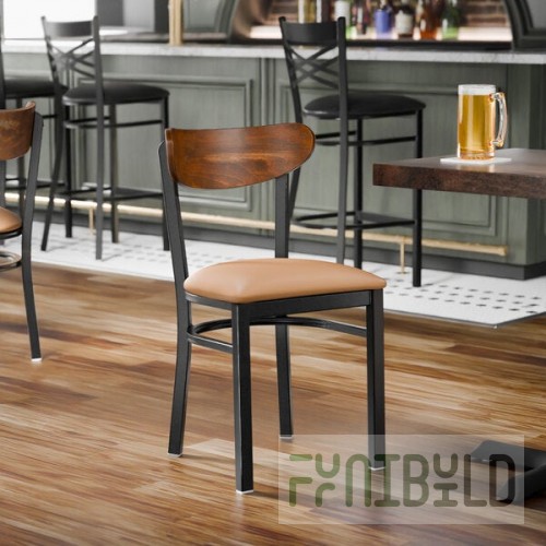 Lancaster Table & Seating Boomerang Black Finish Chair with Light Brown Vinyl Seat and Vintage Wood Back