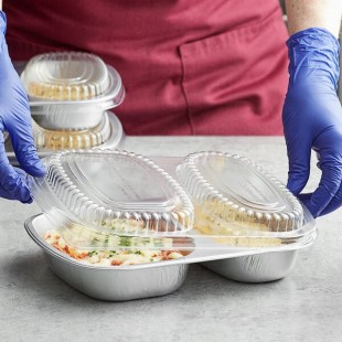 Choice Heavy Duty Smoothwall 2-Compartment Silver Oblong Foil Take-Out Pan with Dome Lid 29 oz. - 100/Case