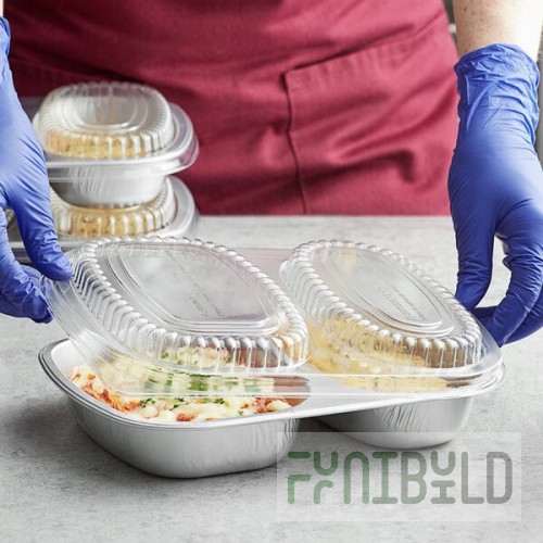 Choice Heavy Duty Smoothwall 2-Compartment Silver Oblong Foil Take-Out Pan with Dome Lid 29 oz. - 100/Case