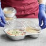 Choice Heavy Duty Smoothwall 2-Compartment Silver Oblong Foil Take-Out Pan with Dome Lid 29 oz. - 100/Case Choice Heavy Duty Smoothwall 2-Compartment Silver Oblong Foil Take-Out Pan with Dome Lid 29 oz. - 100/Case