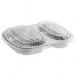 Choice Heavy Duty Smoothwall 2-Compartment Silver Oblong Foil Take-Out Pan with Dome Lid 29 oz. - 100/Case Choice Heavy Duty Smoothwall 2-Compartment Silver Oblong Foil Take-Out Pan with Dome Lid 29 oz. - 100/Case