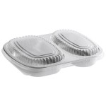 Choice Heavy Duty Smoothwall 2-Compartment Silver Oblong Foil Take-Out Pan with Dome Lid 29 oz. - 100/Case Choice Heavy Duty Smoothwall 2-Compartment Silver Oblong Foil Take-Out Pan with Dome Lid 29 oz. - 100/Case