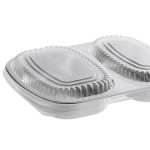 Choice Heavy Duty Smoothwall 2-Compartment Silver Oblong Foil Take-Out Pan with Dome Lid 29 oz. - 100/Case Choice Heavy Duty Smoothwall 2-Compartment Silver Oblong Foil Take-Out Pan with Dome Lid 29 oz. - 100/Case